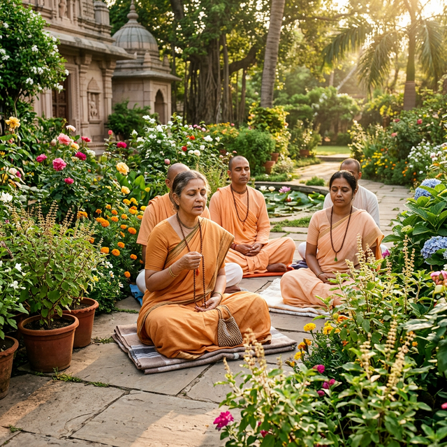Devotees meditating peacefully in a serene garden