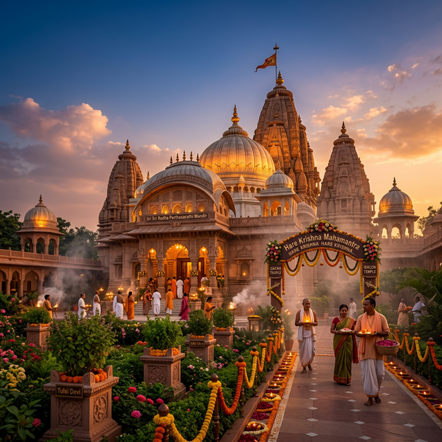 Sacred Hare Krishna temple at golden hour